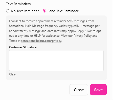 Screenshot of the SMS consent screen when a customer opts in to appointment reminders
