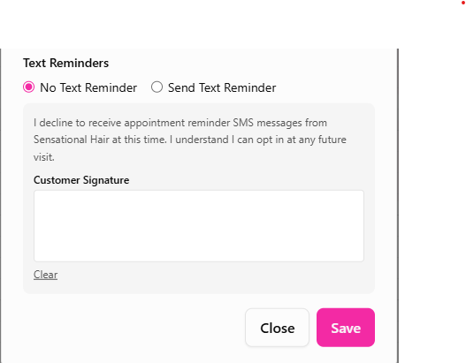 Screenshot of the SMS consent screen when a customer declines appointment reminders
